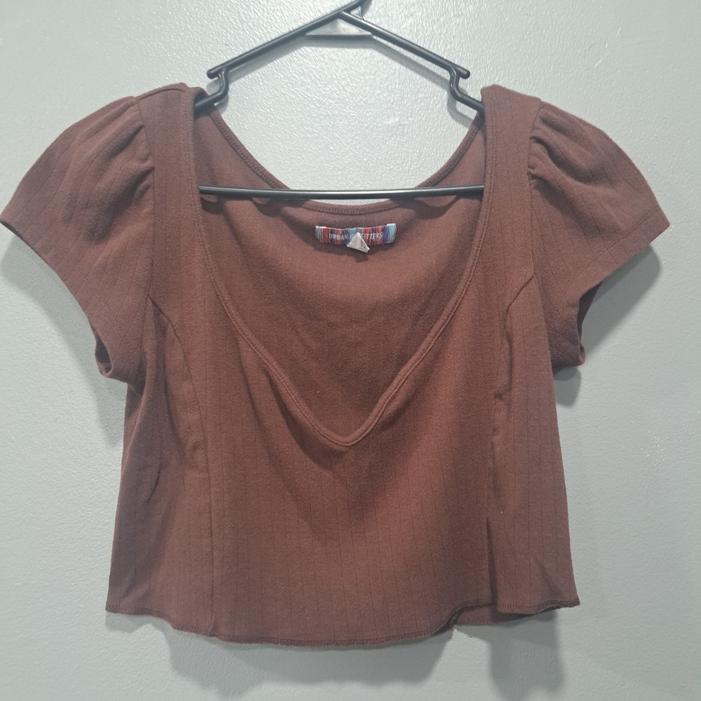 Urban Outfitters Brown Ribbed Puff‎ Sleeve Deep Scoop Neck Crop Top Large